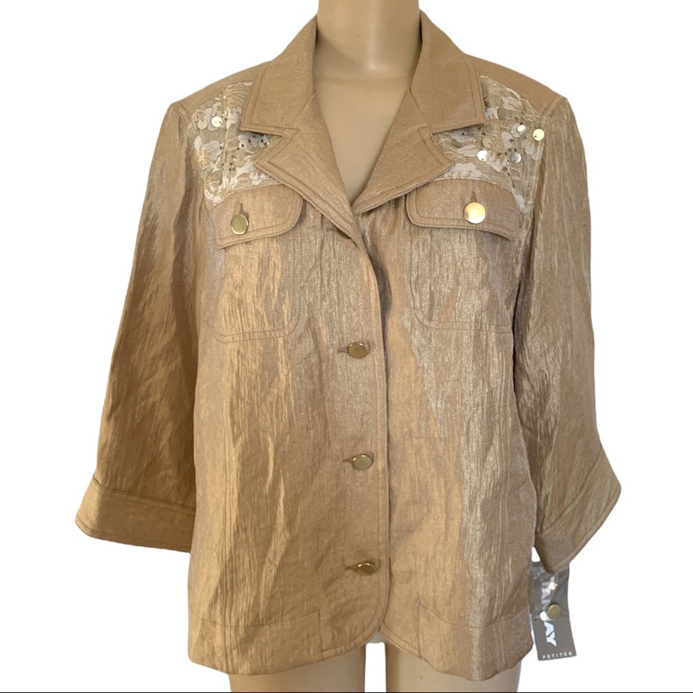 NWT Tanjay Lace & Bead Embellished Gold Blazer Suit Jacket Petite 14P